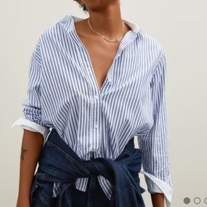 Everlane Blue and White Relaxed Silky Cotton Striped Button Down Shirt